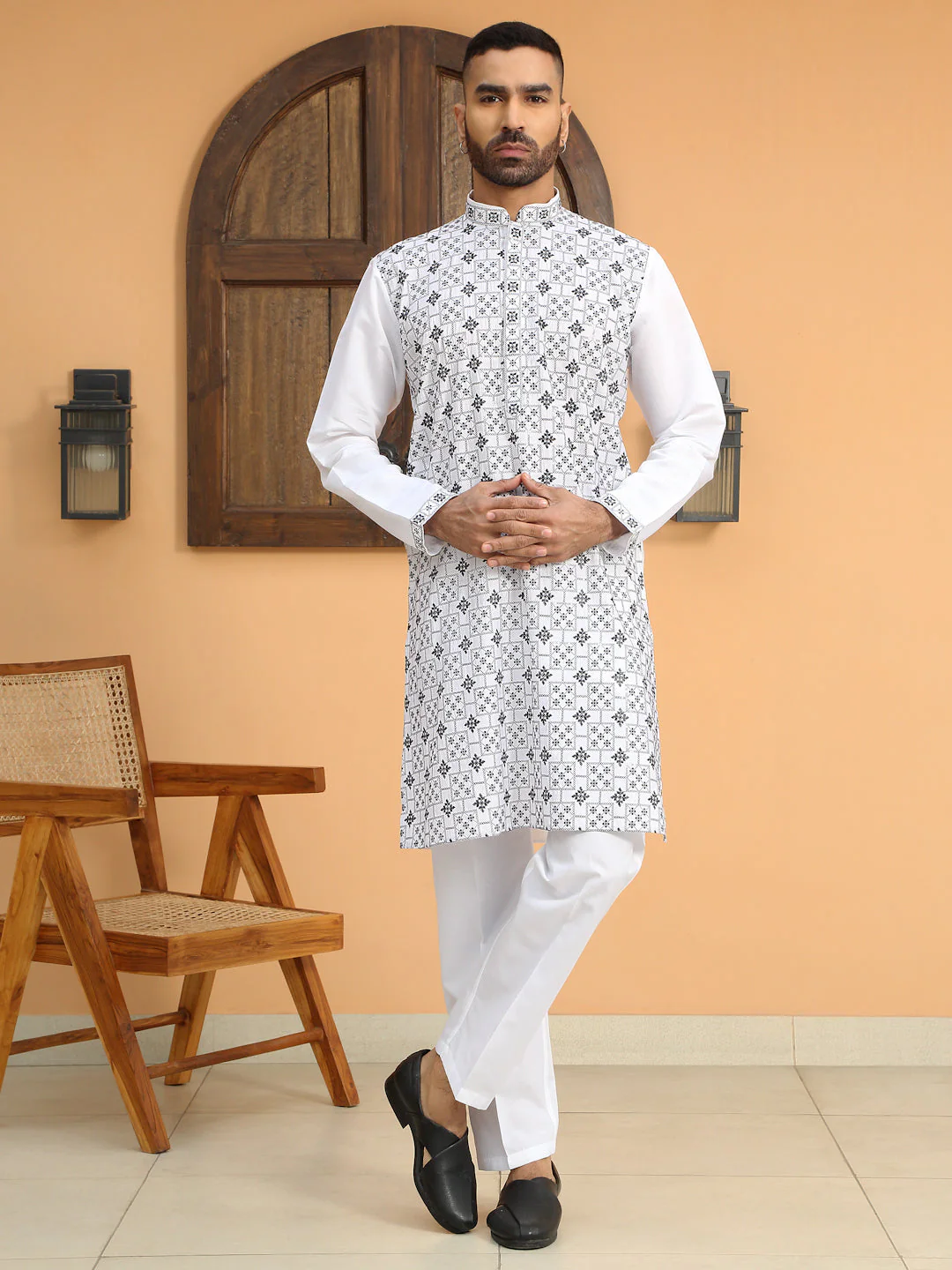 LUXE- Silk Geometric White Embroidery Kurta With Cotton White Trouser Pant - Image 6
