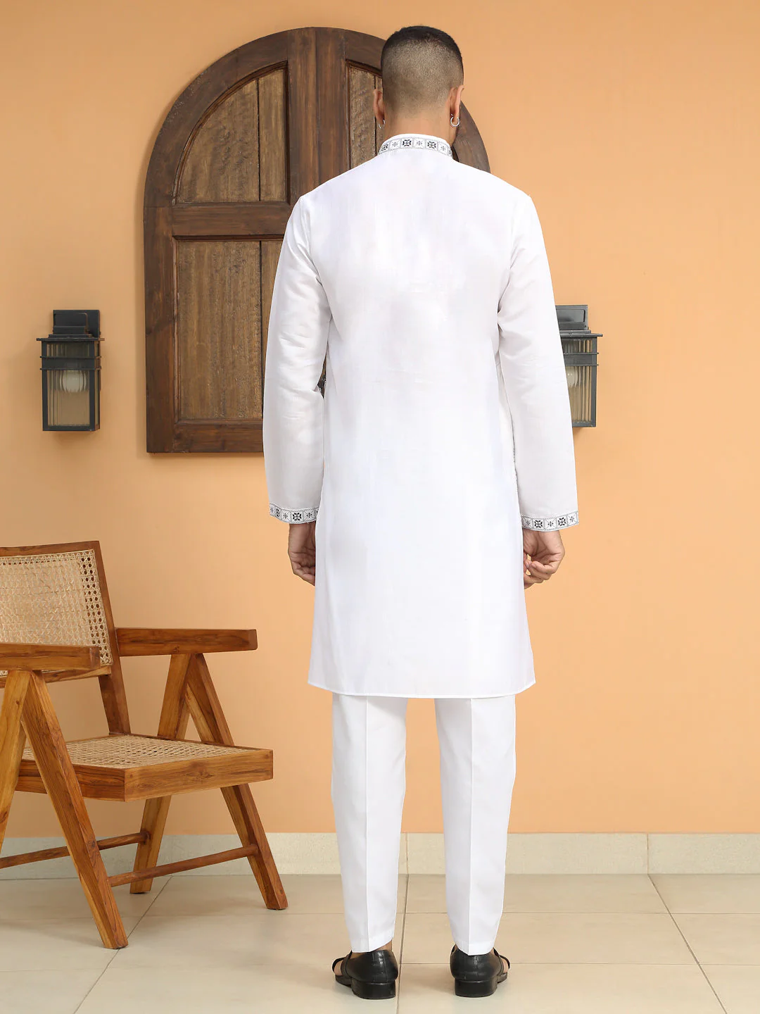 LUXE- Silk Geometric White Embroidery Kurta With Cotton White Trouser Pant - Image 7