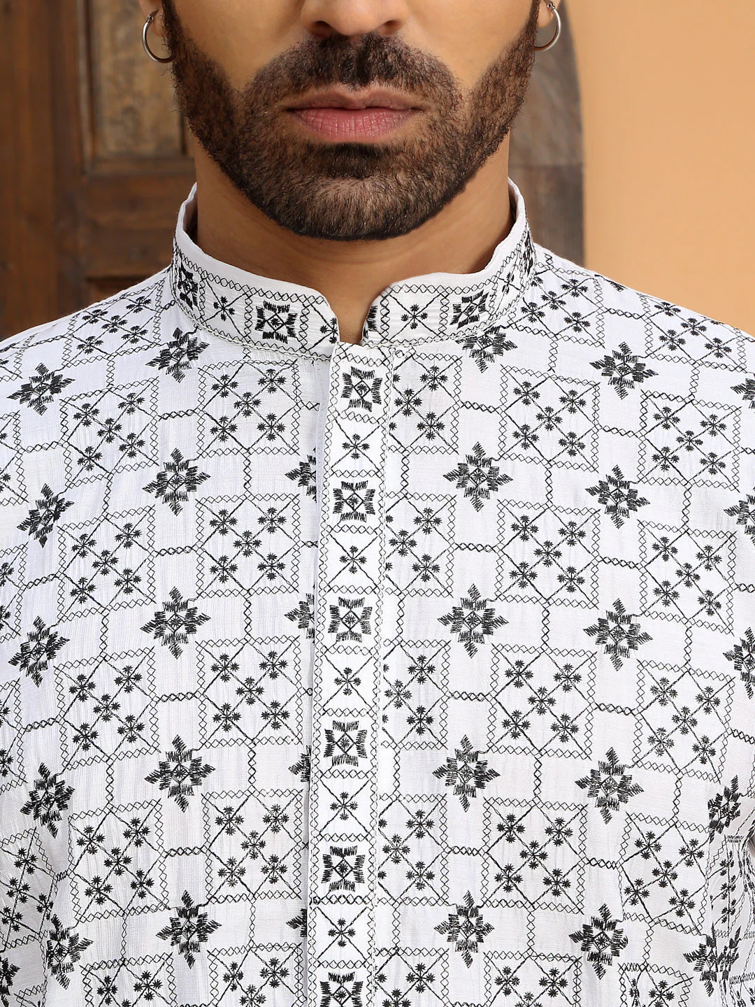 LUXE- Silk Geometric White Embroidery Kurta With Cotton White Trouser Pant - Image 8