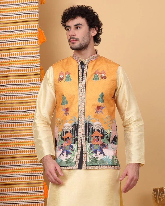 LUXE- Stylish Silk Blend Ethnic Motifs Printed Sleeveless Nehru Jacket - Image 15