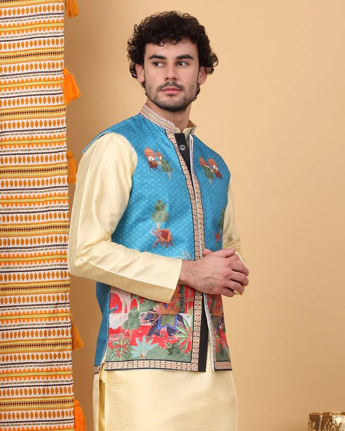 LUXE- Stylish Silk Blend Ethnic Motifs Printed Sleeveless Nehru Jacket - Image 9
