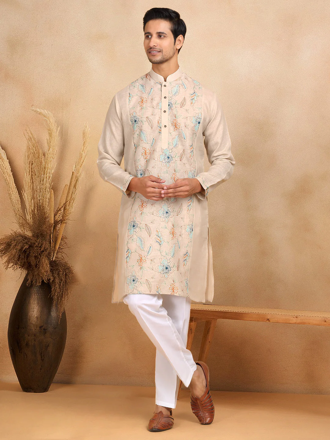 LUXE- Traditional Cotton Floral Embroidered Straight Kurta Trouser Set