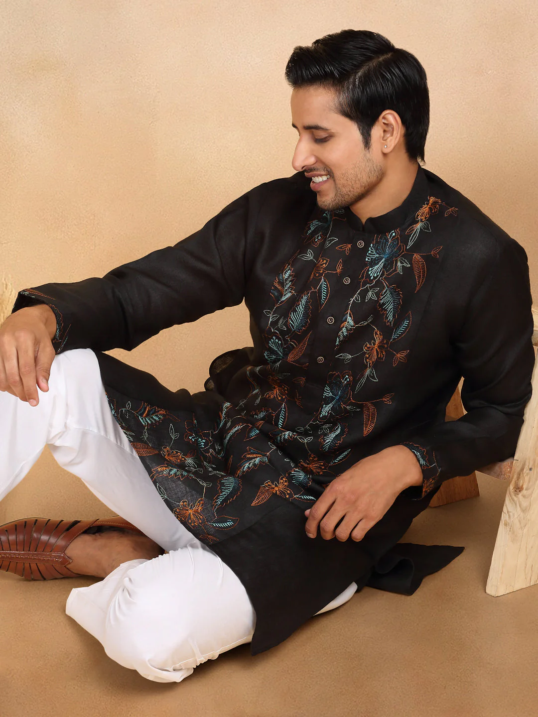 LUXE- Traditional Cotton Floral Embroidered Straight Kurta Trouser Set - Image 10