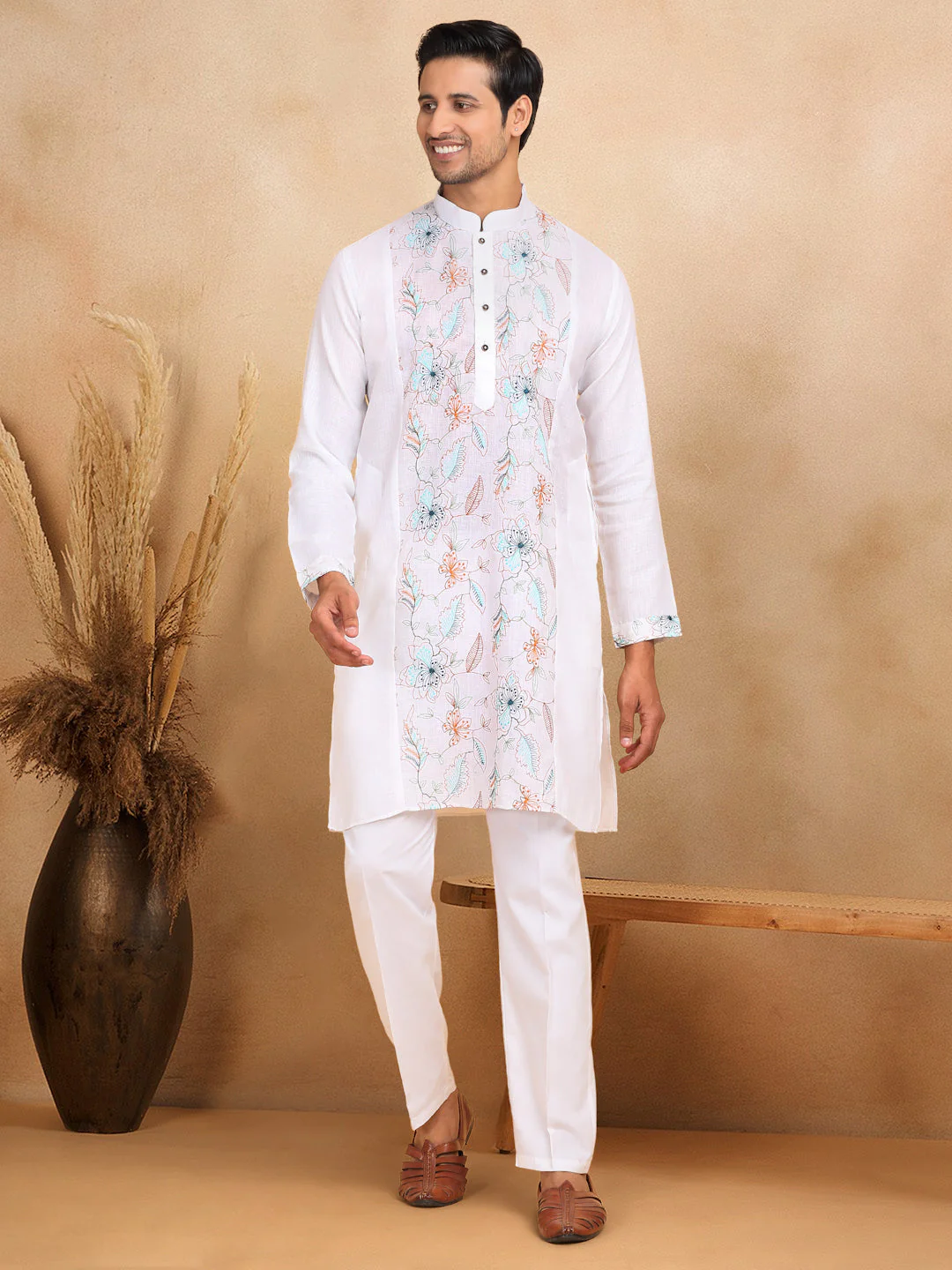 LUXE- Traditional Cotton Floral Embroidered Straight Kurta Trouser Set - Image 11