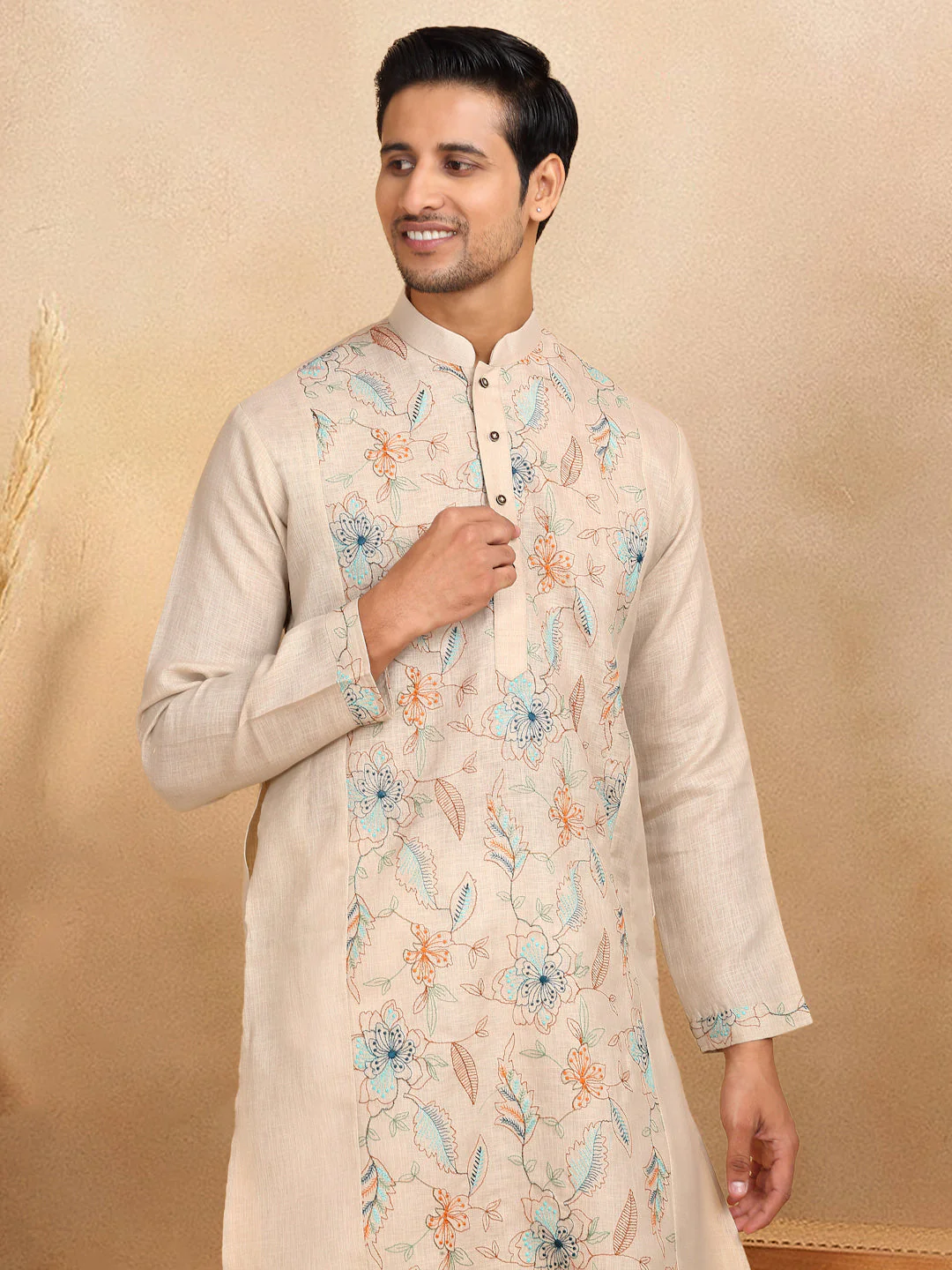 LUXE- Traditional Cotton Floral Embroidered Straight Kurta Trouser Set - Image 3