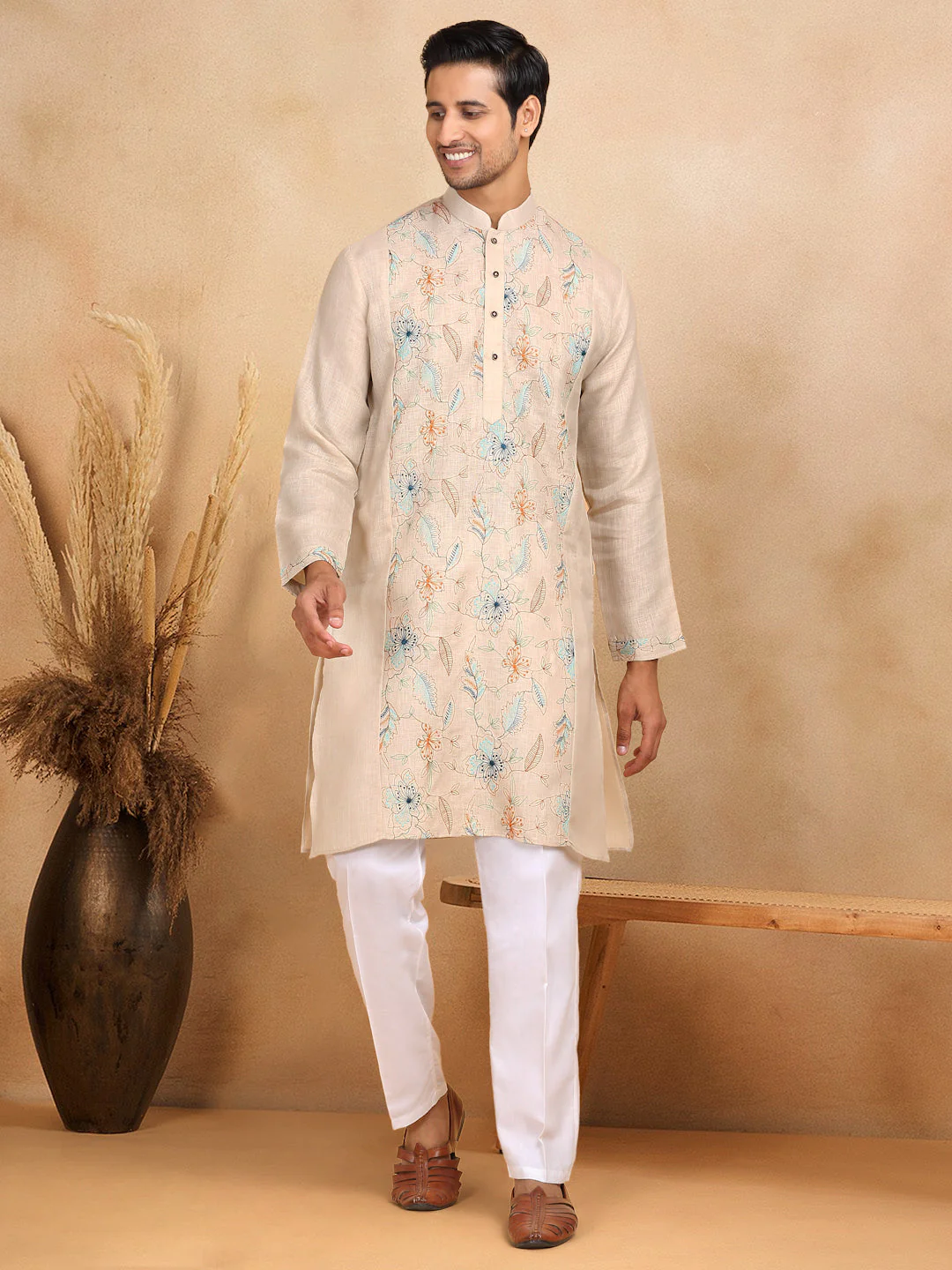 LUXE- Traditional Cotton Floral Embroidered Straight Kurta Trouser Set - Image 5
