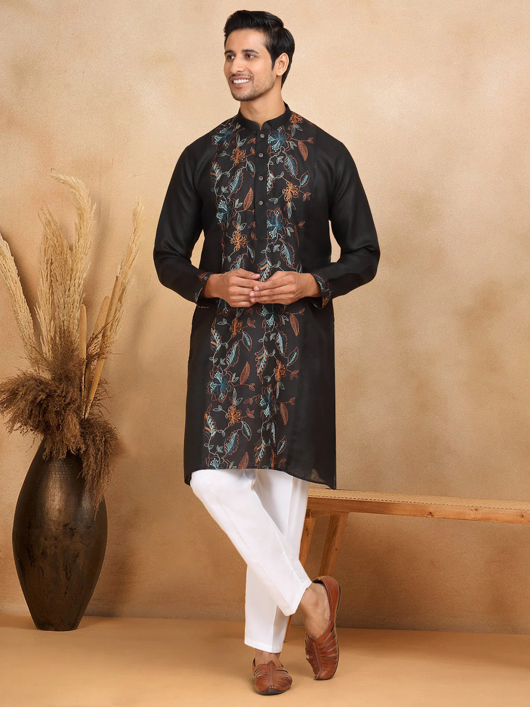 LUXE- Traditional Cotton Floral Embroidered Straight Kurta Trouser Set - Image 6