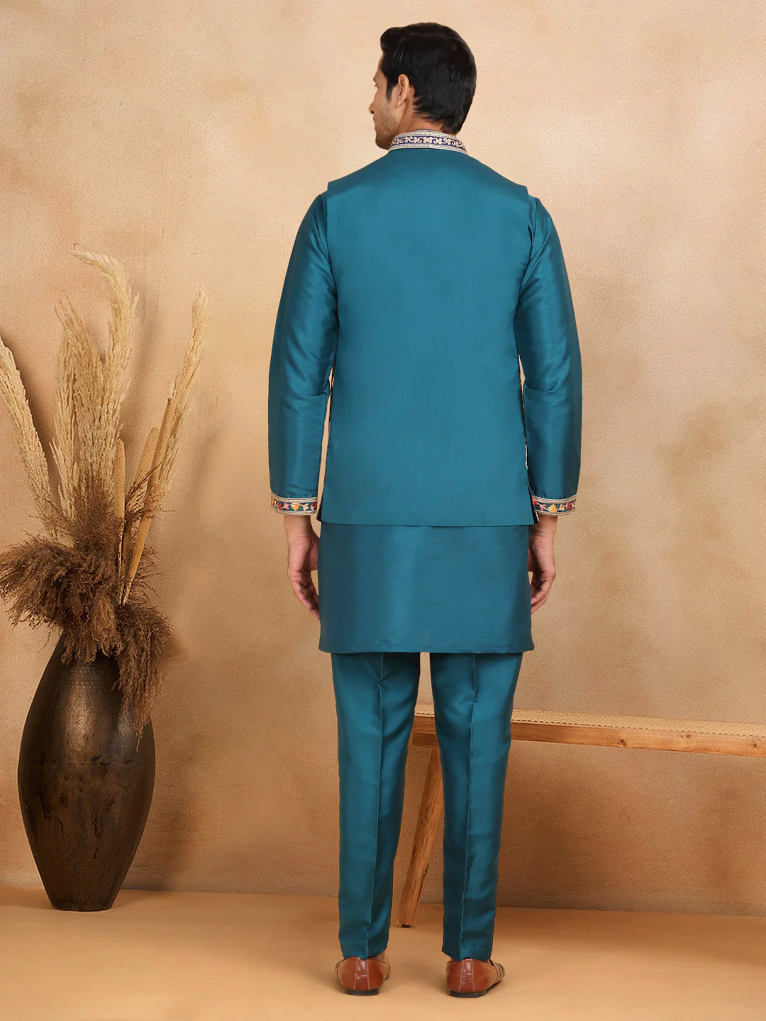 LUXE- Traditional Cotton Silk Straight Kurta trouser Set with Embroidered Floral Open Nehru Jacket Set - Image 12