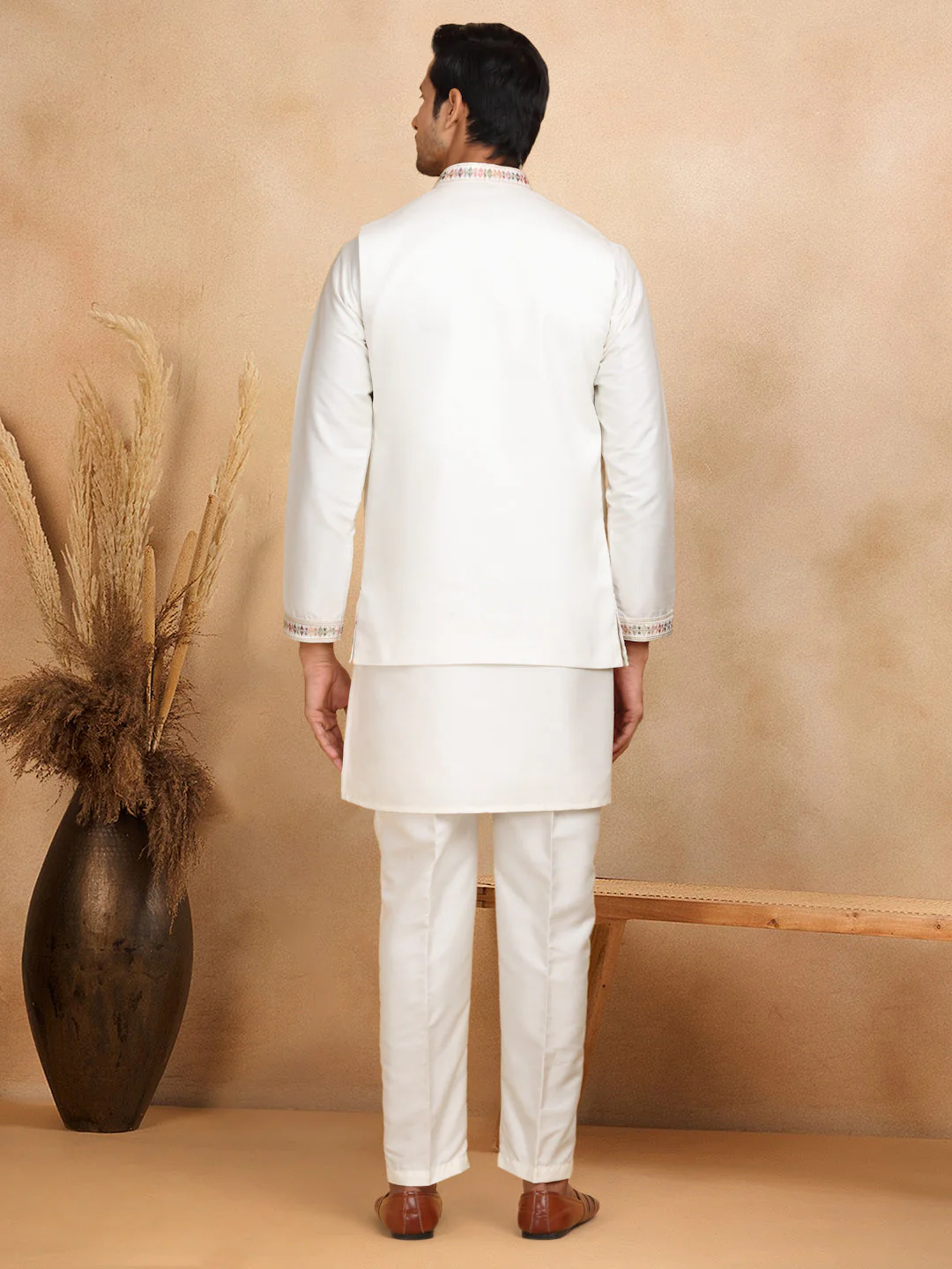 LUXE- Traditional Cotton Silk Straight Kurta trouser Set with Embroidered Floral Open Nehru Jacket Set - Image 17