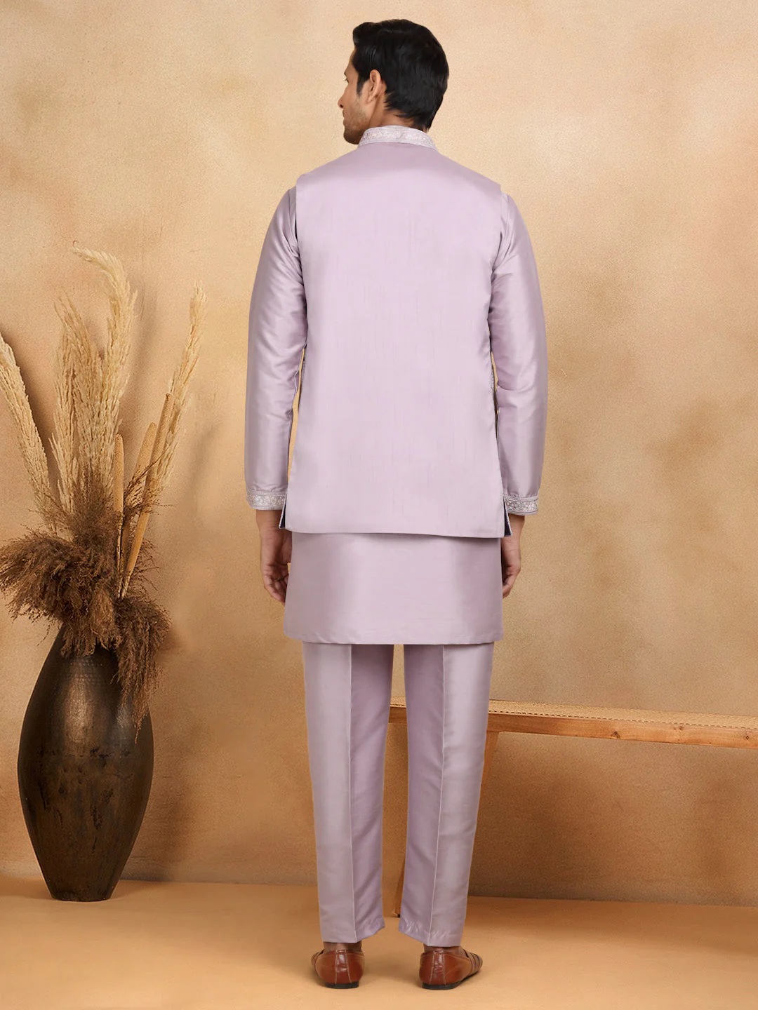 LUXE- Traditional Cotton Silk Straight Kurta trouser Set with Embroidered Floral Open Nehru Jacket Set - Image 23