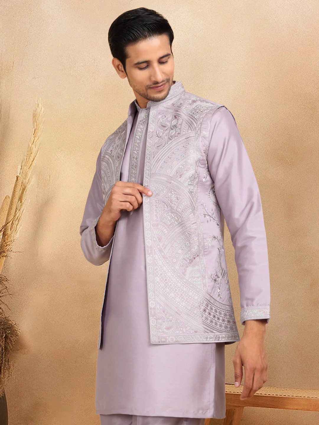 LUXE- Traditional Cotton Silk Straight Kurta trouser Set with Embroidered Floral Open Nehru Jacket Set - Image 27