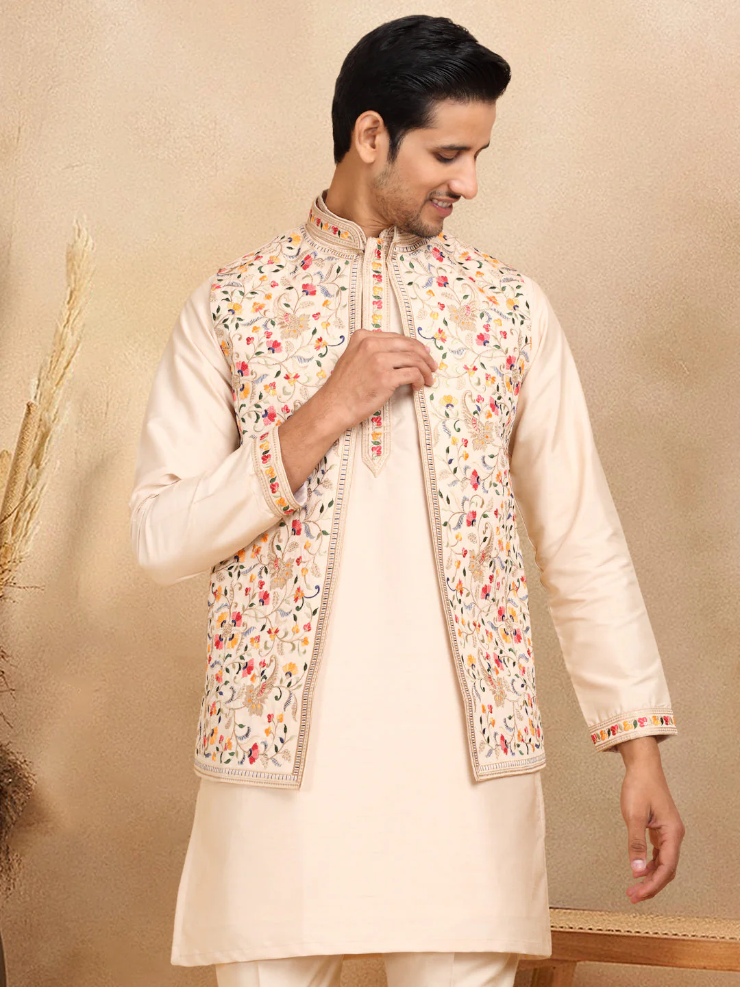 LUXE- Traditional Cotton Silk Straight Kurta trouser Set with Embroidered Floral Open Nehru Jacket Set - Image 3
