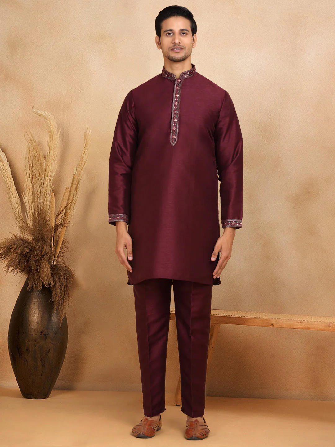 LUXE- Traditional Cotton Silk Straight Kurta trouser Set with Embroidered Floral Open Nehru Jacket Set - Image 32