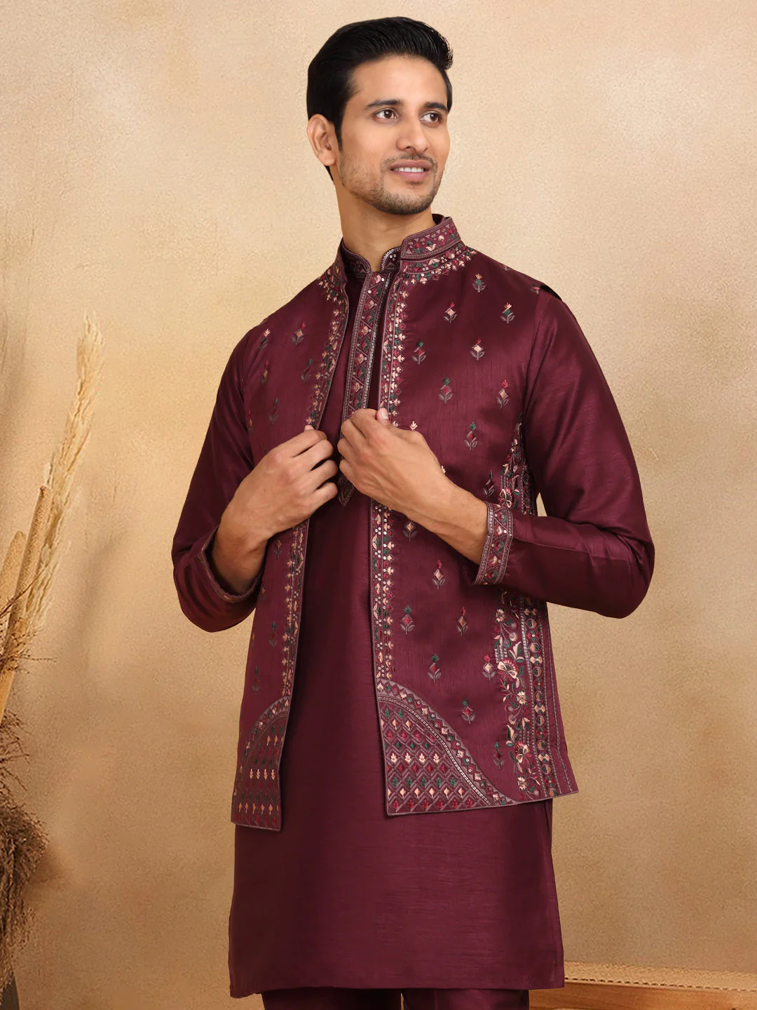LUXE- Traditional Cotton Silk Straight Kurta trouser Set with Embroidered Floral Open Nehru Jacket Set - Image 33
