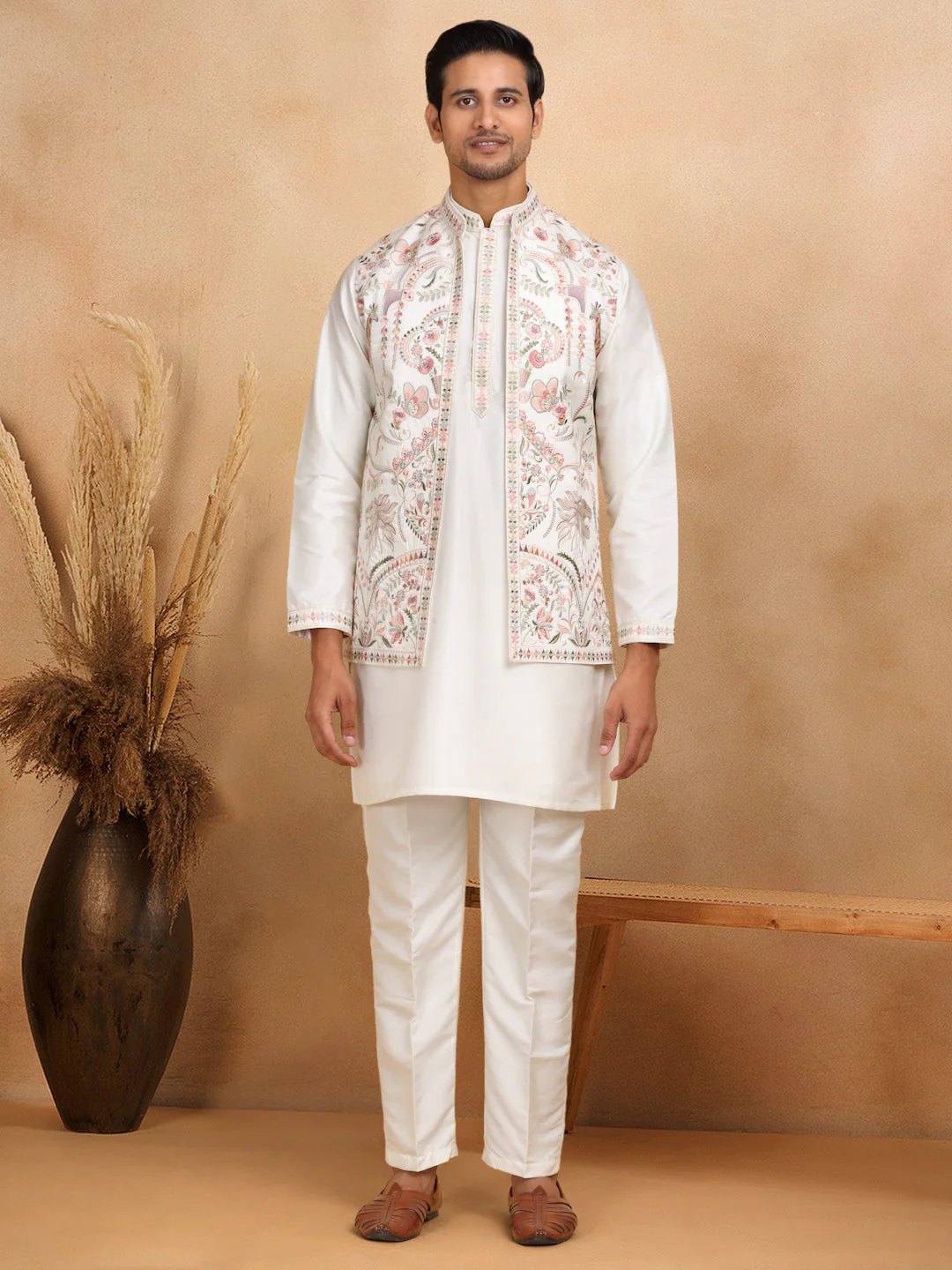 LUXE- Traditional Cotton Silk Straight Kurta trouser Set with Embroidered Floral Open Nehru Jacket Set - Image 36