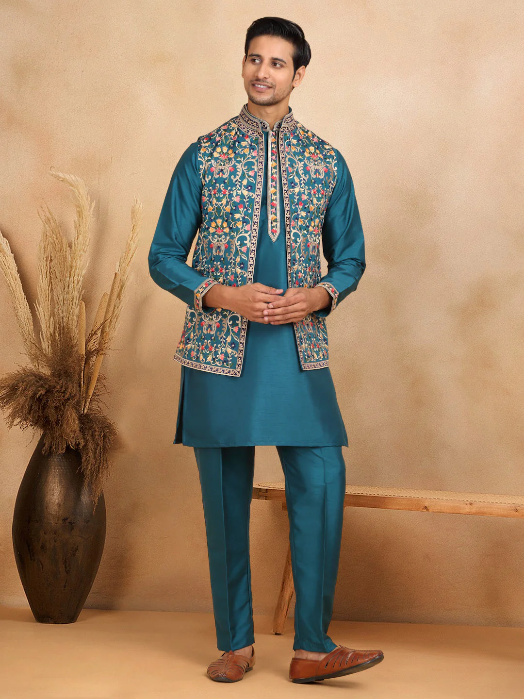 LUXE- Traditional Cotton Silk Straight Kurta trouser Set with Embroidered Floral Open Nehru Jacket Set - Image 41