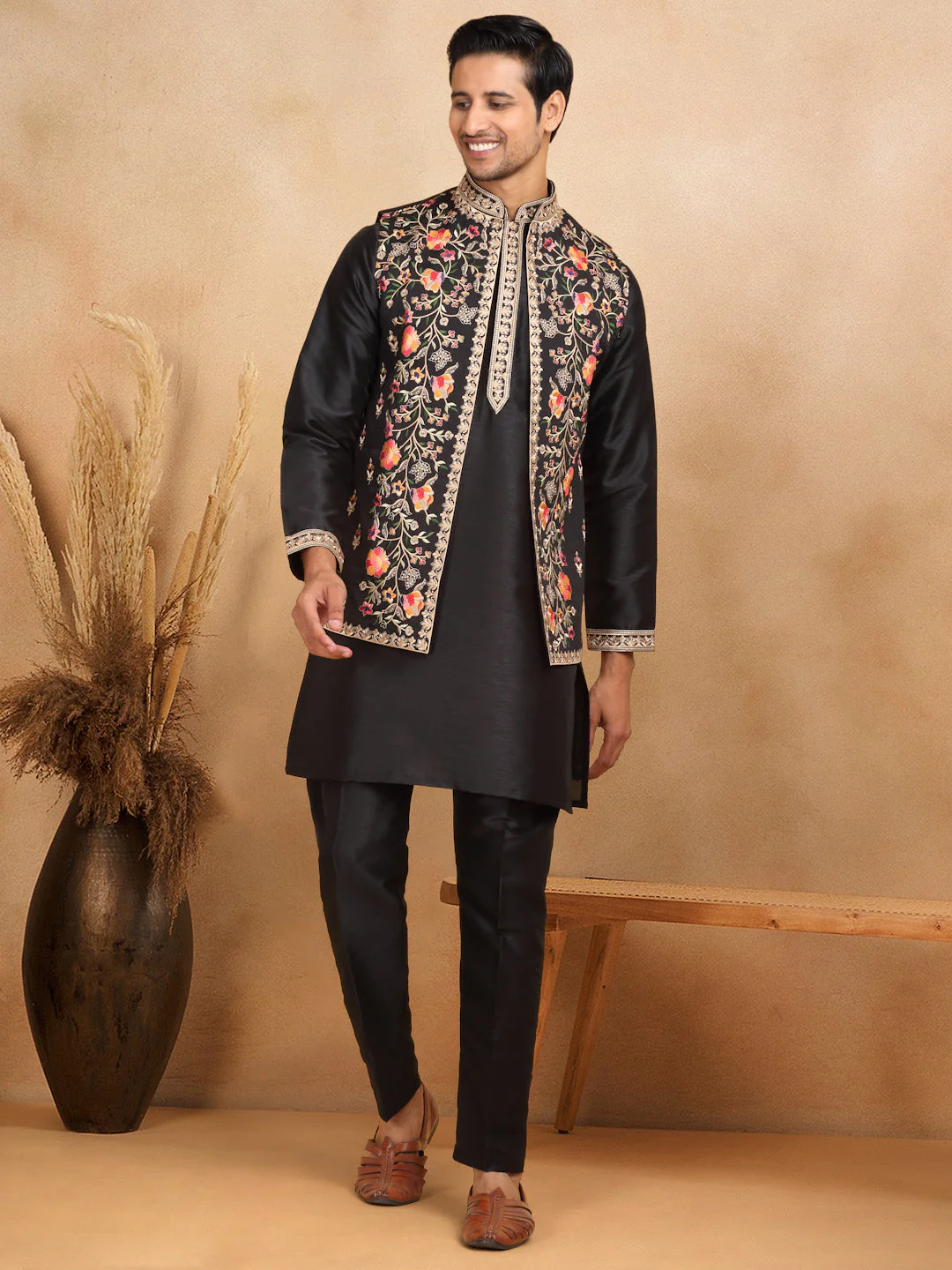 LUXE- Traditional Cotton Silk Straight Kurta trouser Set with Embroidered Floral Open Nehru Jacket Set - Image 6