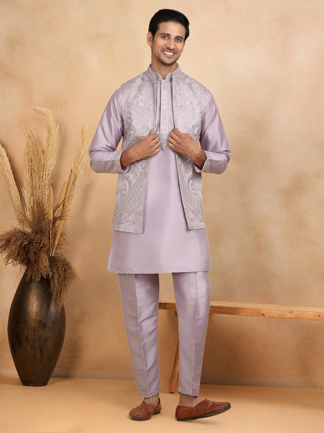 LUXE- Traditional Cotton Silk Straight Kurta trouser Set with Embroidered Floral Open Nehru Jacket Set - Image 66
