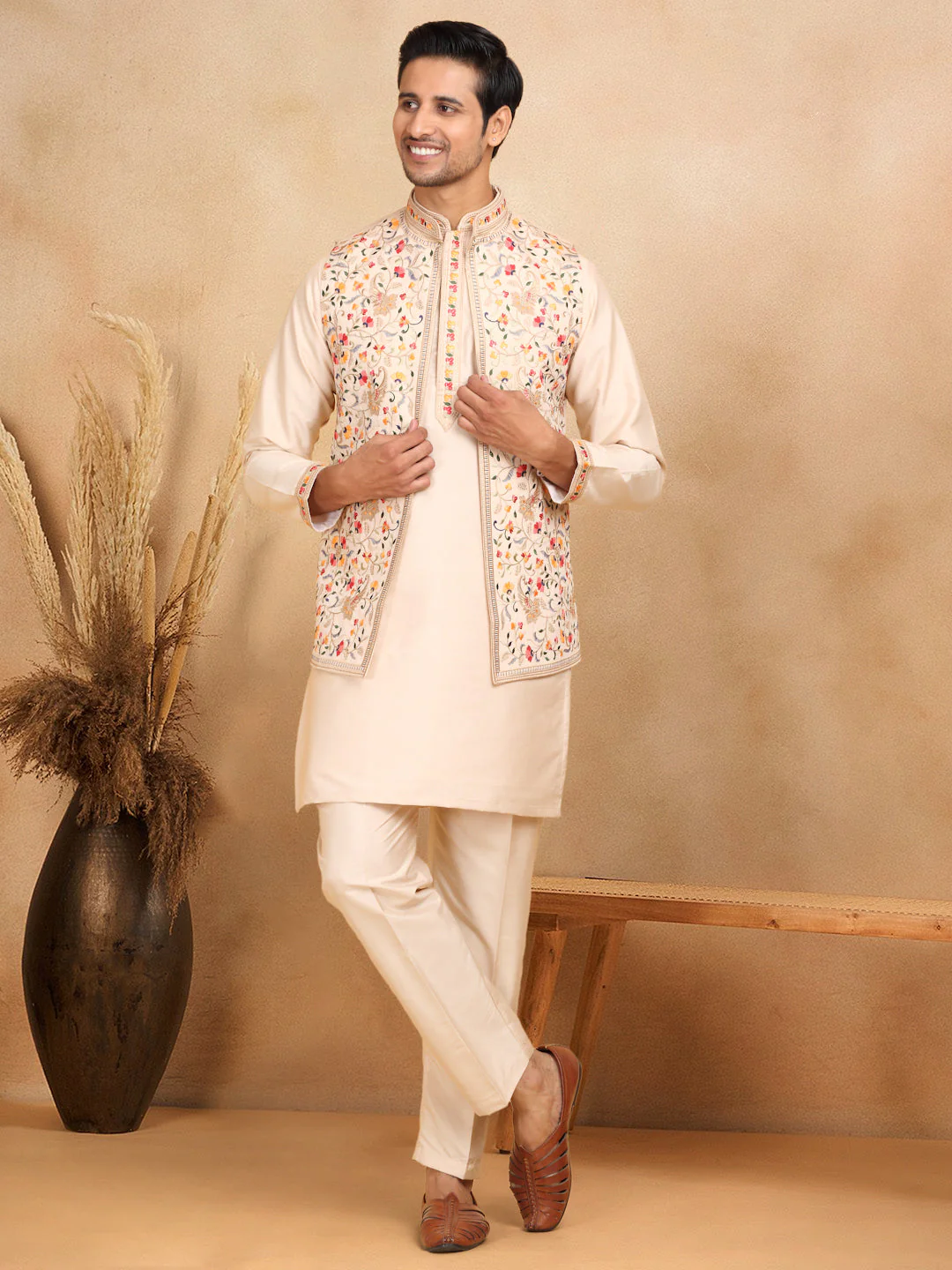 LUXE- Traditional Cotton Silk Straight Kurta trouser Set with Embroidered Floral Open Nehru Jacket Set - Image 69