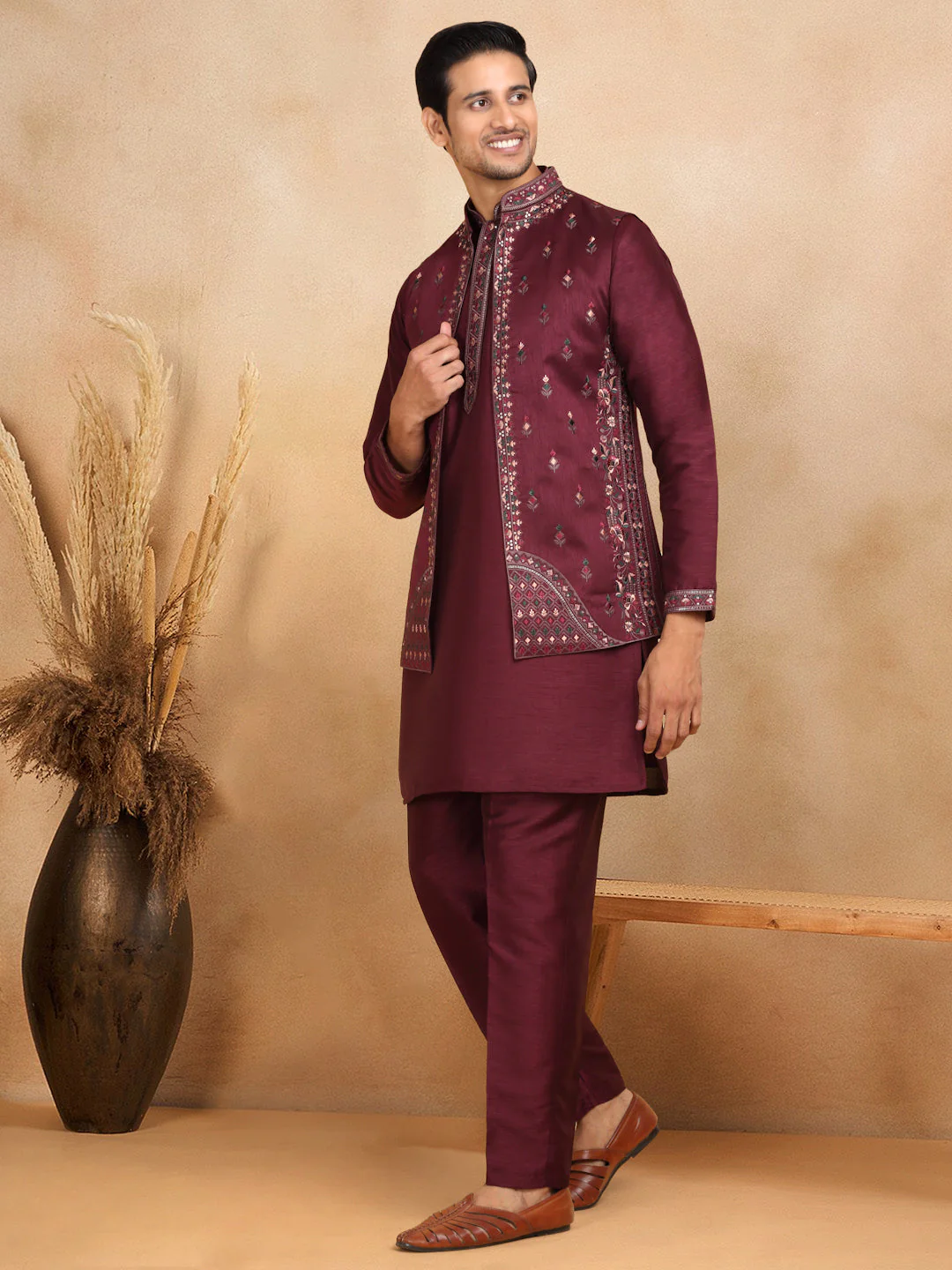 LUXE- Traditional Cotton Silk Straight Kurta trouser Set with Embroidered Floral Open Nehru Jacket Set - Image 75