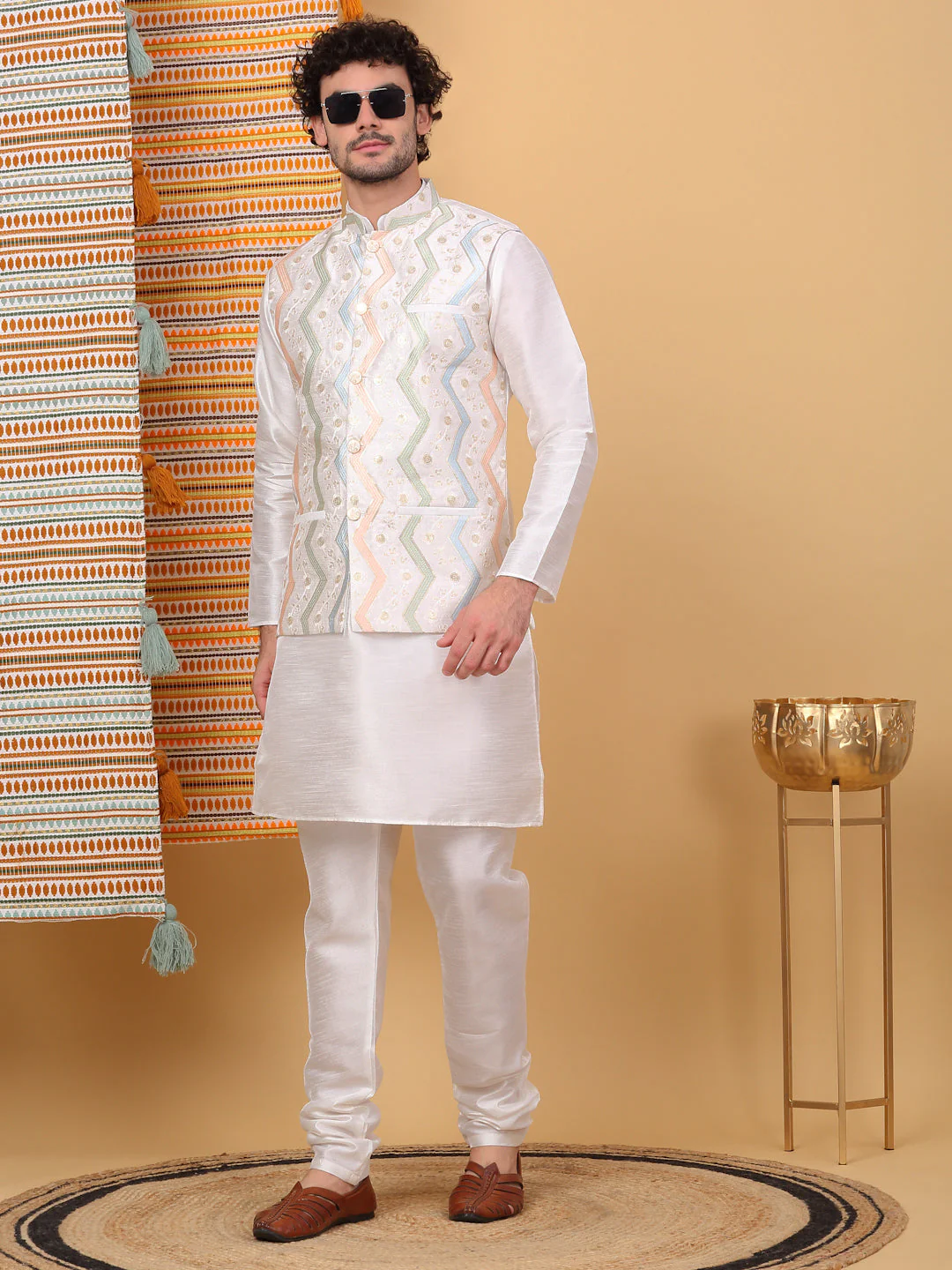LUXE- Traditional Silk Blend Straight Kurta Churidar Set with Embroidered chevron Cream Nehru Jacket