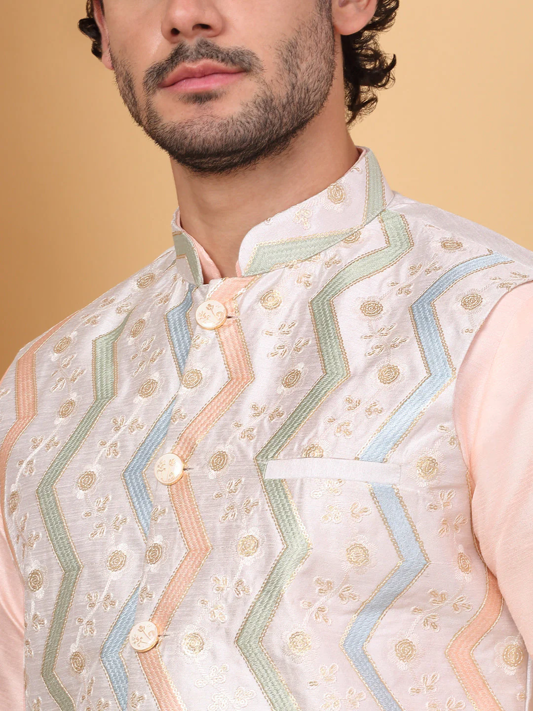 LUXE- Traditional Silk Blend Straight Kurta Churidar Set with Embroidered chevron Cream Nehru Jacket - Image 13