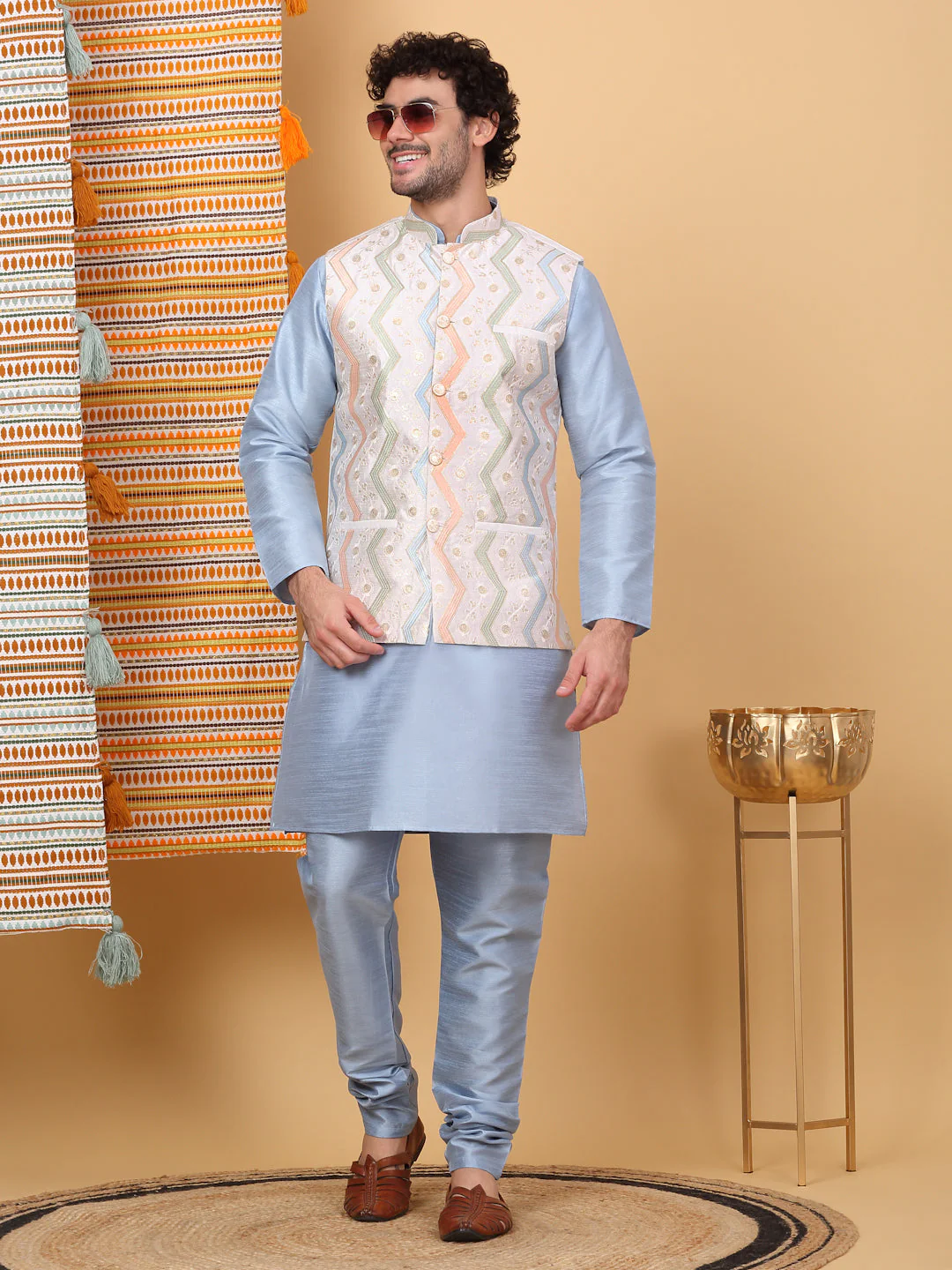 LUXE- Traditional Silk Blend Straight Kurta Churidar Set with Embroidered chevron Cream Nehru Jacket - Image 149