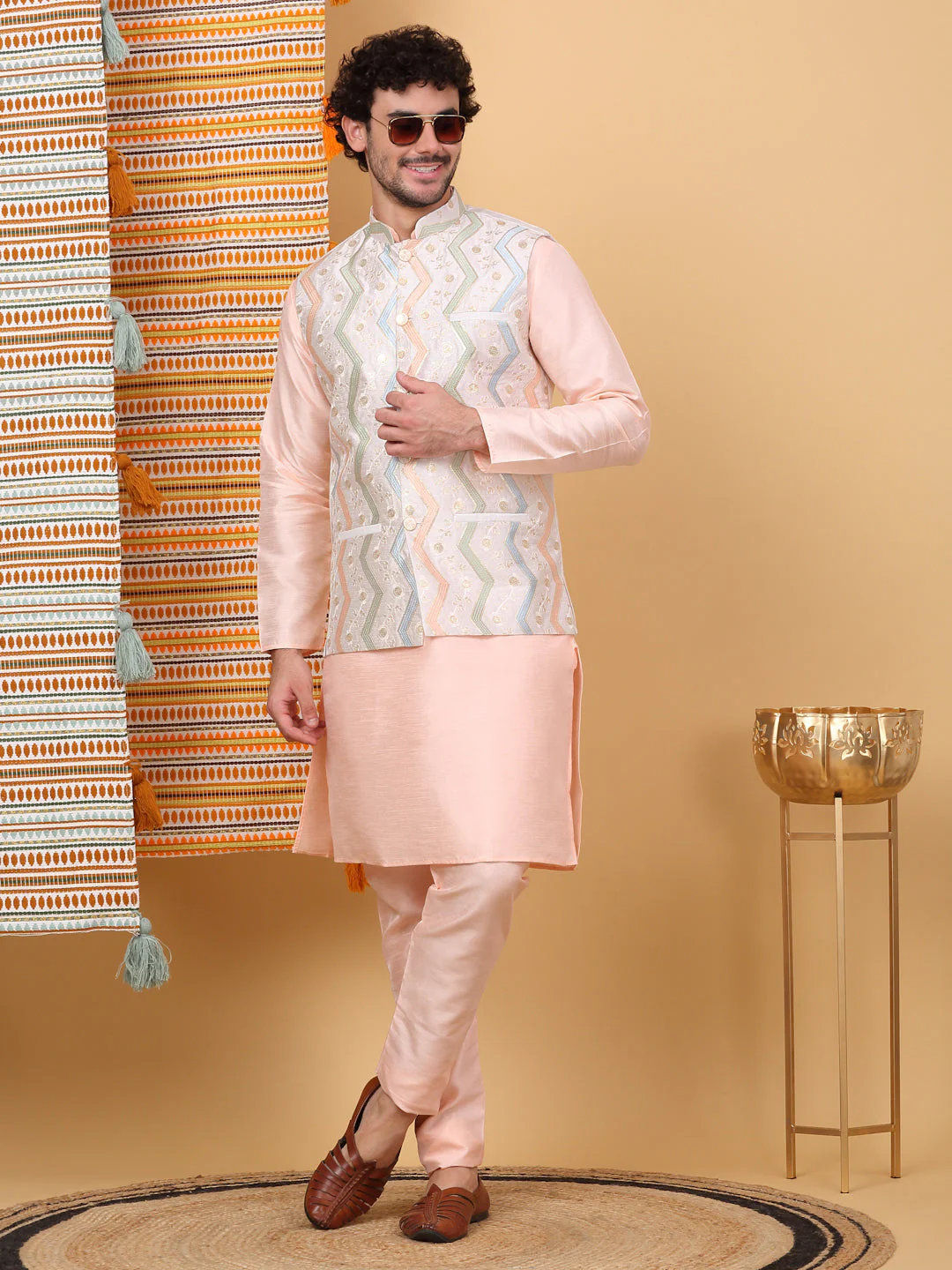 LUXE- Traditional Silk Blend Straight Kurta Churidar Set with Embroidered chevron Cream Nehru Jacket - Image 162