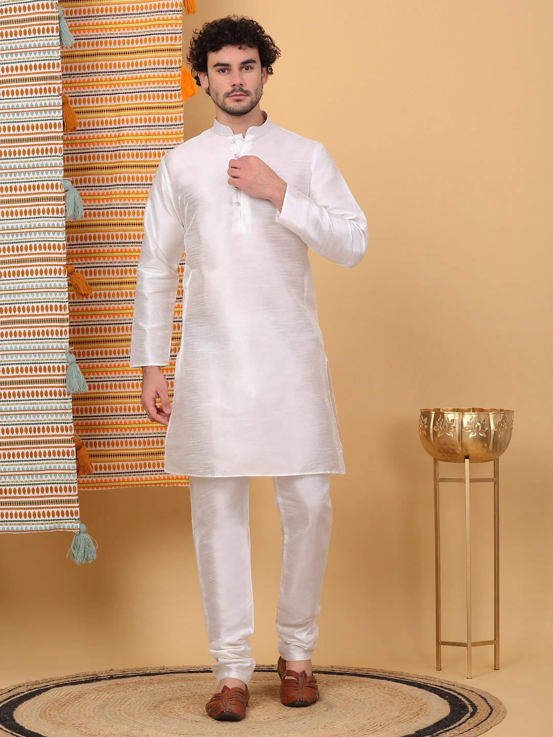 LUXE- Traditional Silk Blend Straight Kurta Churidar Set with Embroidered chevron Cream Nehru Jacket - Image 181