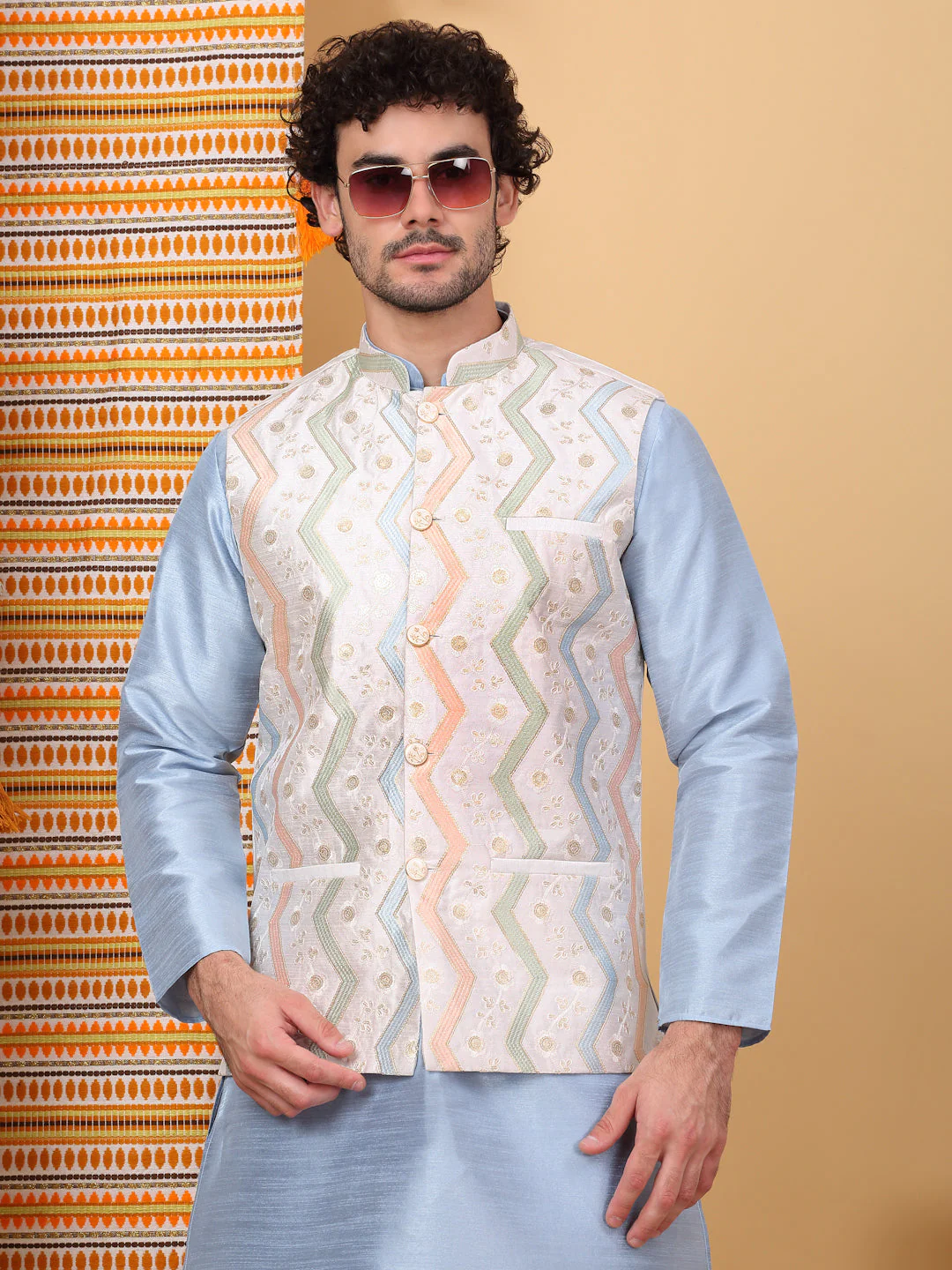 LUXE- Traditional Silk Blend Straight Kurta Churidar Set with Embroidered chevron Cream Nehru Jacket - Image 19