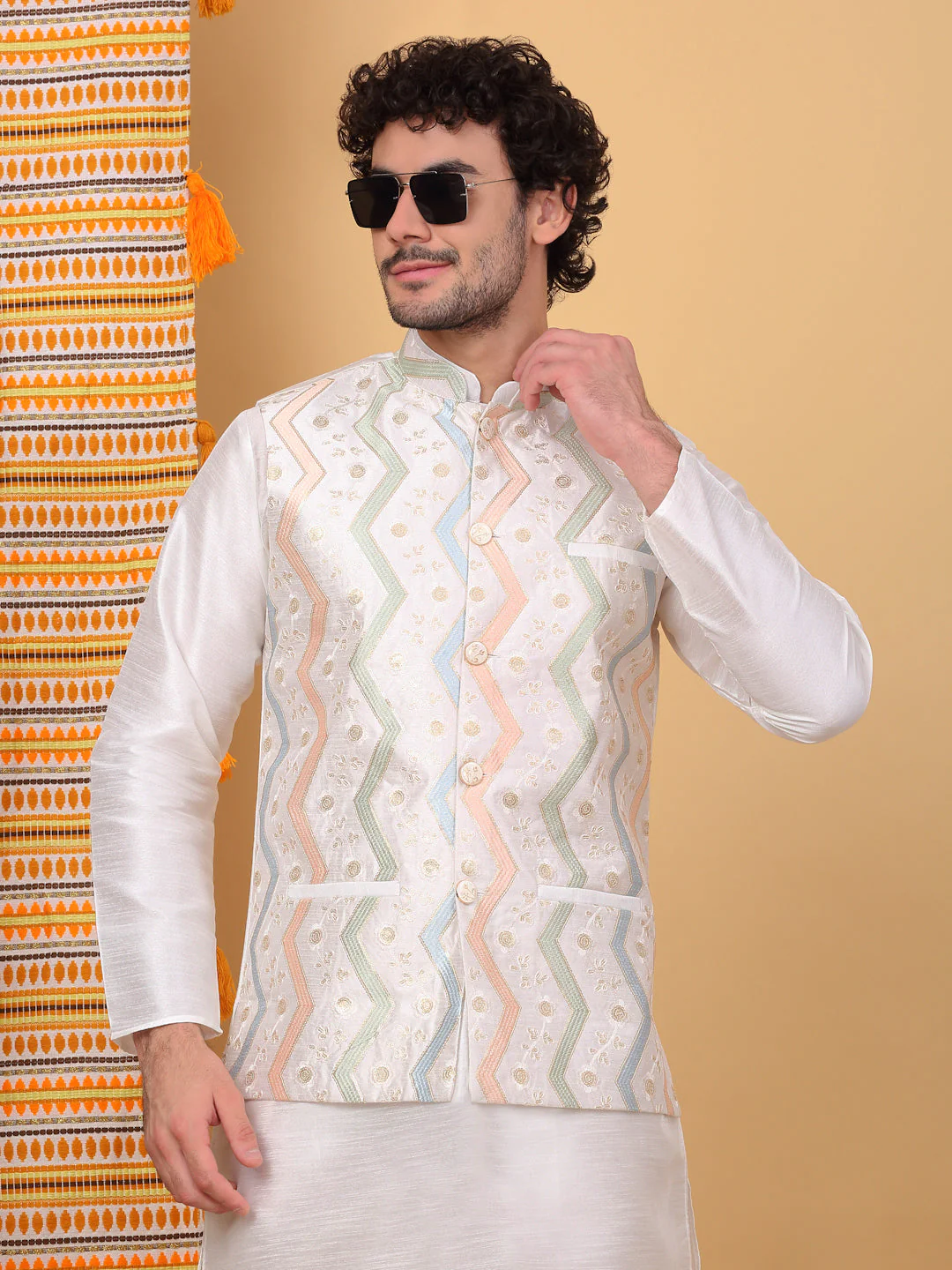 LUXE- Traditional Silk Blend Straight Kurta Churidar Set with Embroidered chevron Cream Nehru Jacket - Image 5