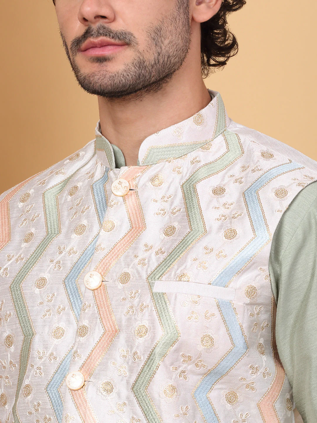 LUXE- Traditional Silk Blend Straight Kurta Churidar Set with Embroidered chevron Cream Nehru Jacket - Image 8
