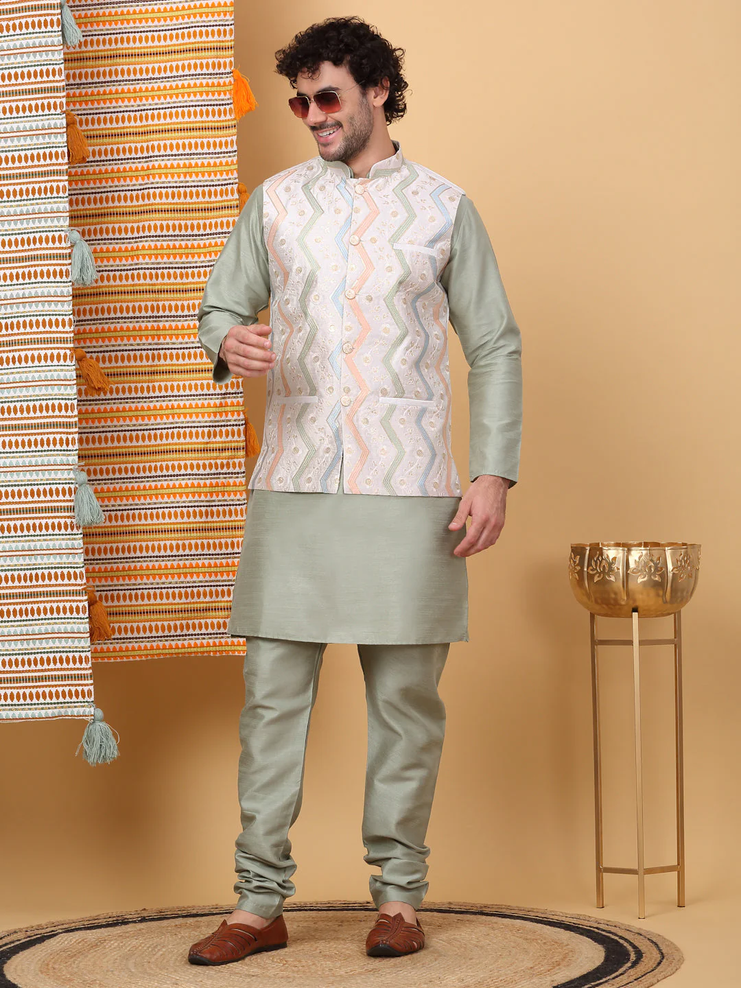 LUXE- Traditional Silk Blend Straight Kurta Churidar Set with Embroidered chevron Cream Nehru Jacket - Image 80