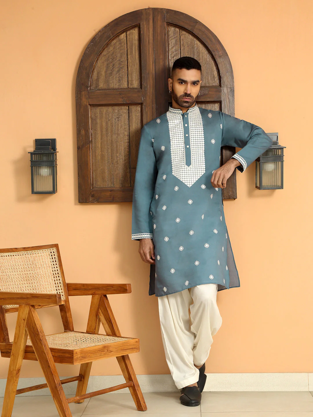 LUXE- White Heavy Neckline Embroidery Work Kurta With Cream patiala Salwar - Image 58