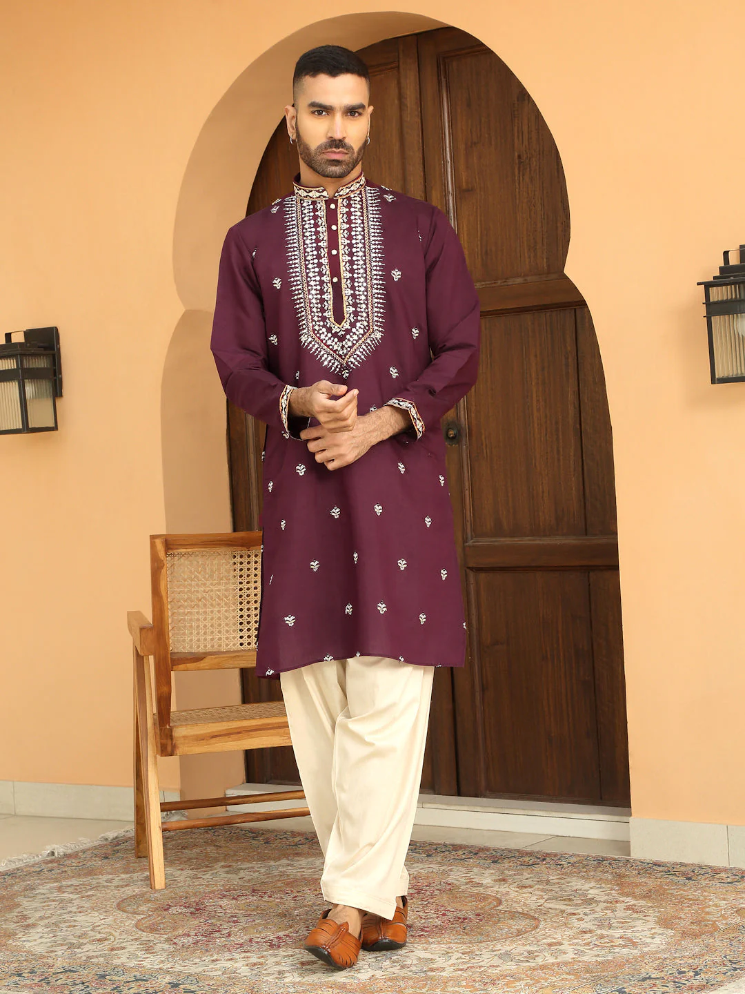 LUXE- Zari Embroidered Cotton Silk Kurta with Beige Elastic waistband Salwar - Image 11