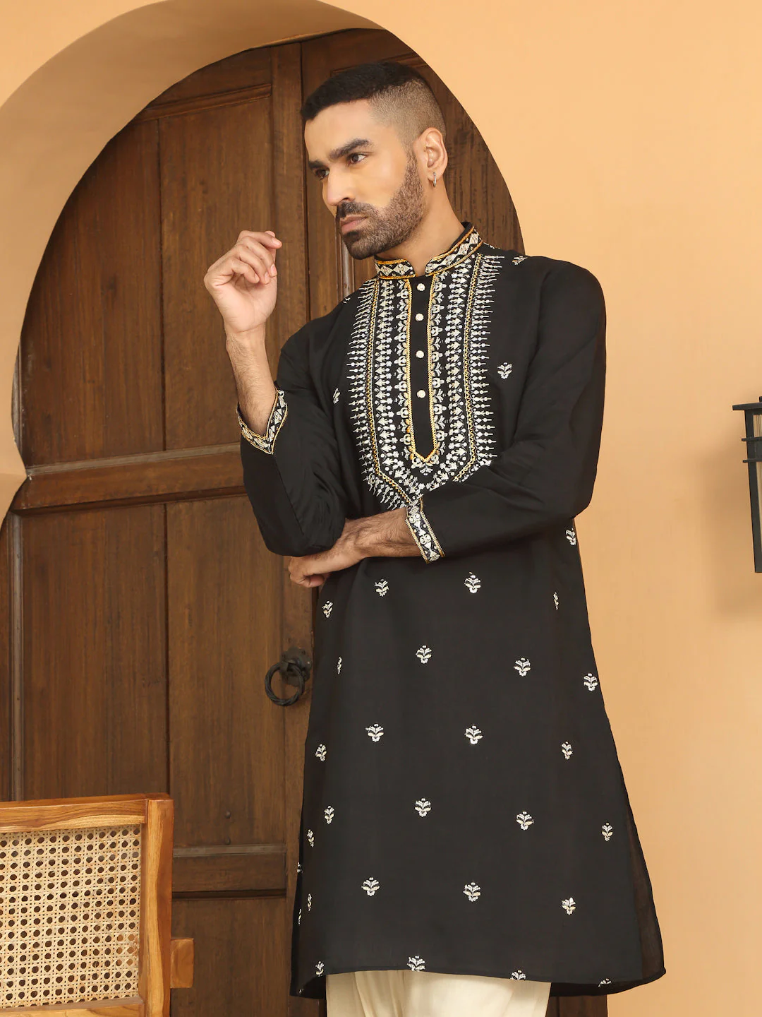 LUXE- Zari Embroidered Cotton Silk Kurta with Beige Elastic waistband Salwar - Image 5