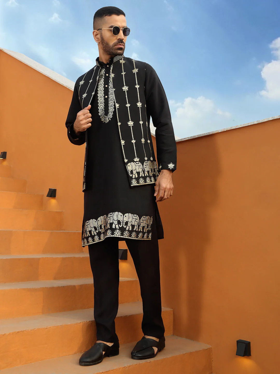 LUXE- Zari Embroidered Ethnic Motifs Cotton Silk Kurta Trouser Pant set with Embroidered Front open Nehru Jacket set