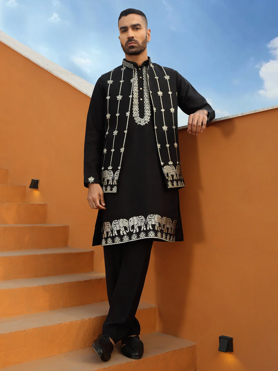 LUXE- Zari Embroidered Ethnic Motifs Cotton Silk Kurta Trouser Pant set with Embroidered Front open Nehru Jacket set - Image 5