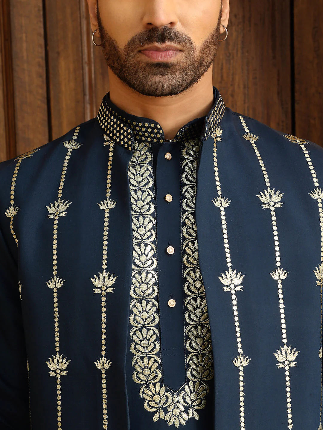 LUXE- Zari Embroidered Ethnic Motifs Cotton Silk Kurta Trouser Pant set with Embroidered Front open Nehru Jacket set - Image 8