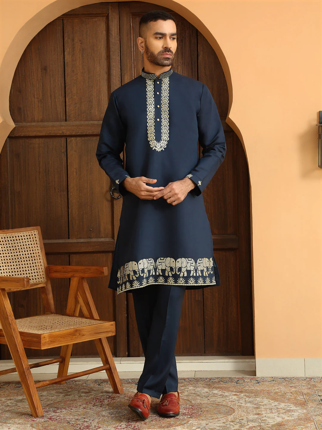 LUXE- Zari Embroidered Ethnic Motifs Cotton Silk Kurta Trouser Pant set with Embroidered Front open Nehru Jacket set - Image 9