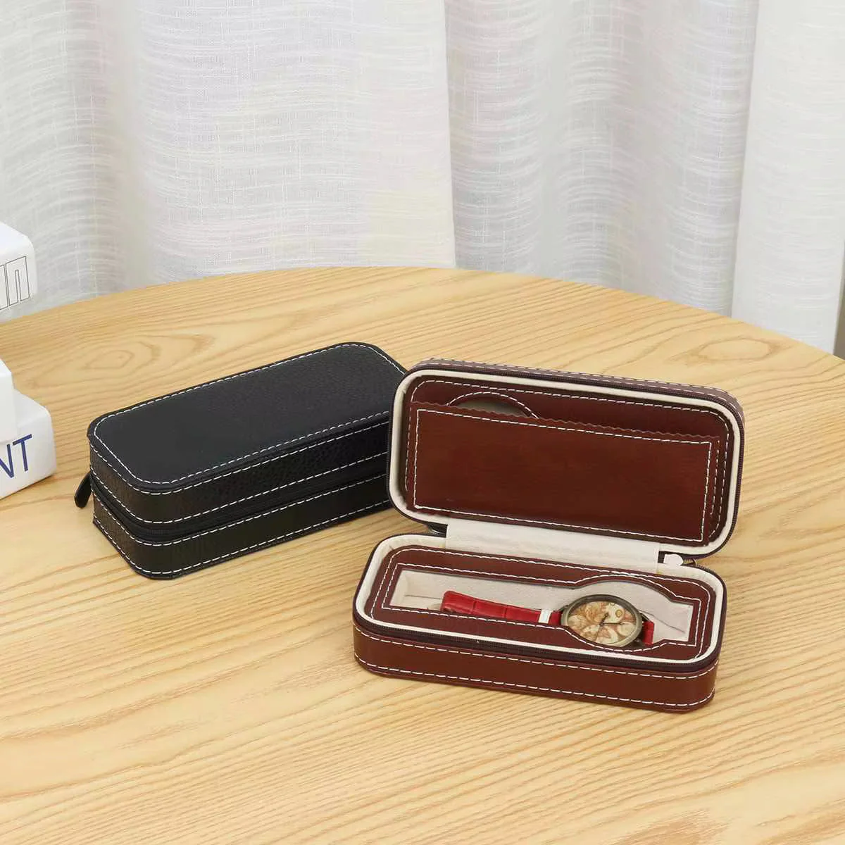 Luxury Black Leather Watch Box Premium 2 Slot Watch Organizer Box For Watch Collectors, Gifts 1 pc - Image 4