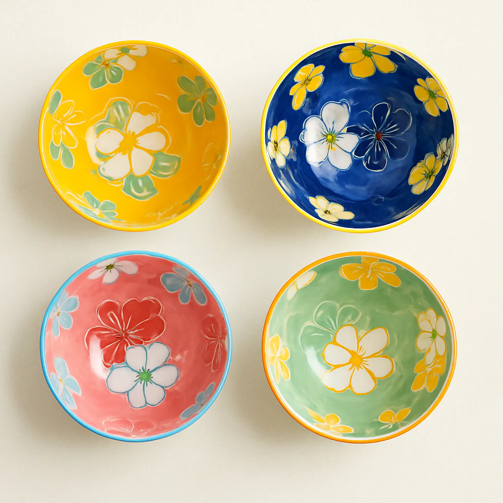 Luxury Ceramic Floral Bowl Set of 4 – Glossy White Exterior with Vibrant Hand-Painted Interior - Image 2
