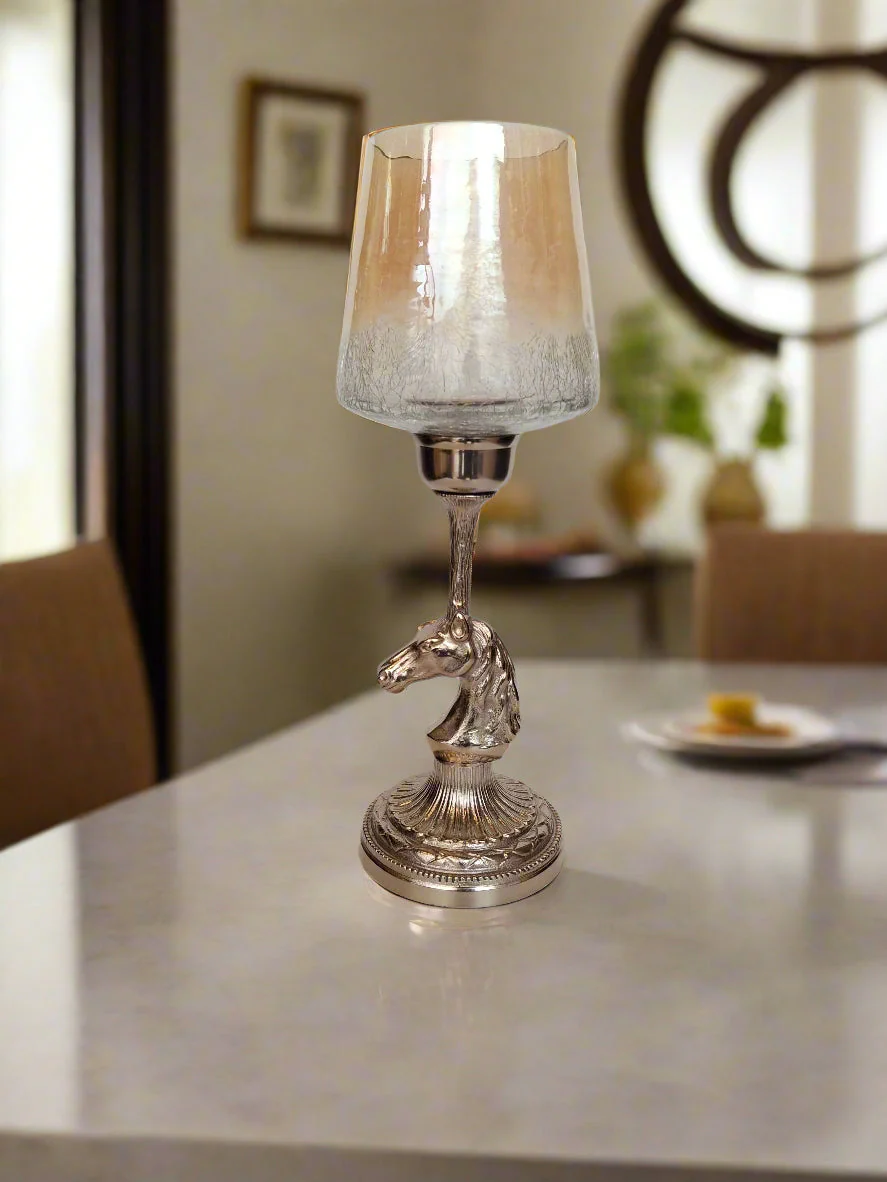 Luxury Tall Horse Head Decorative Candle Holder with Crackle Glass Shade - Image 3
