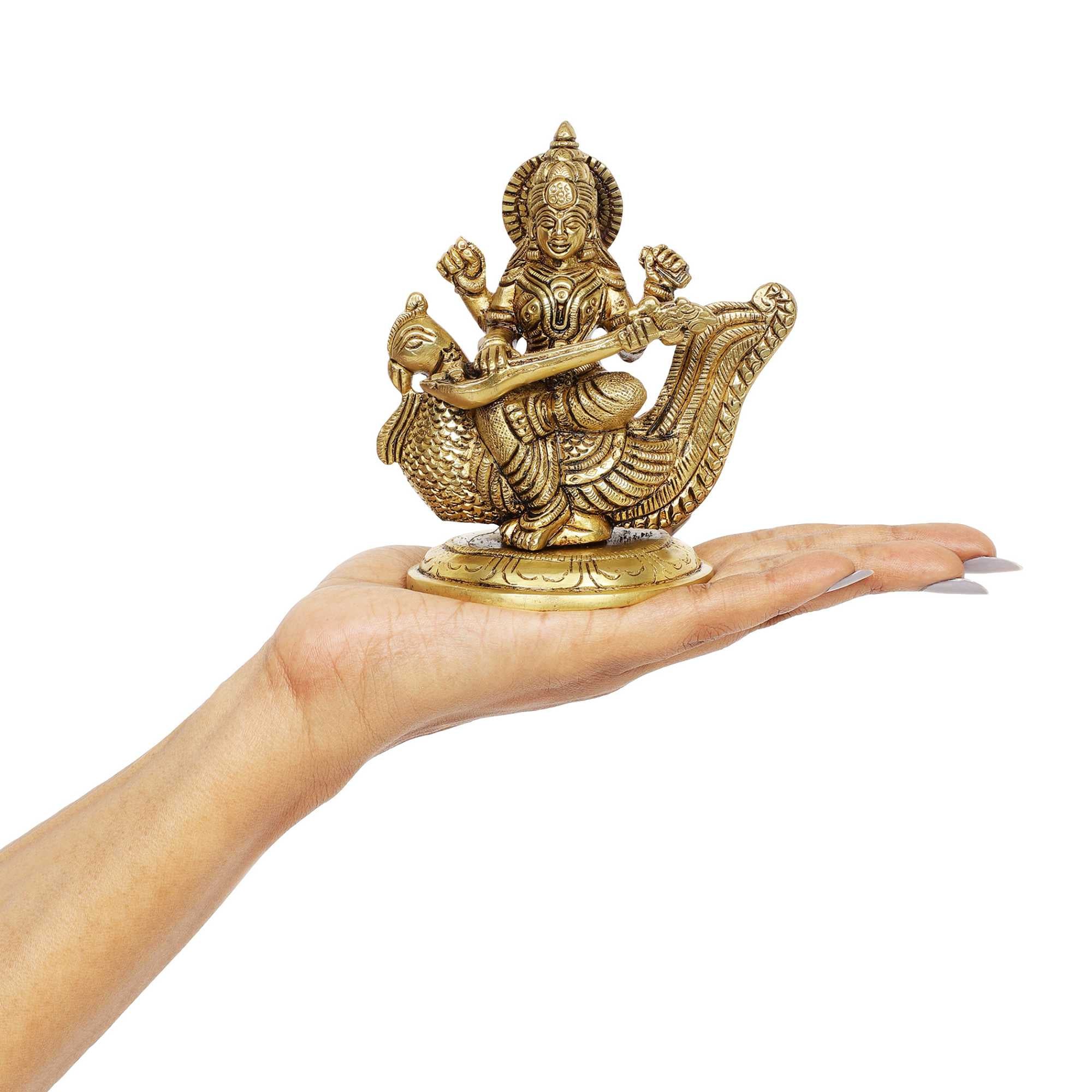 Ma Saraswati Brass Idol | 100% Pure Brass | Antique Finish - Image 4