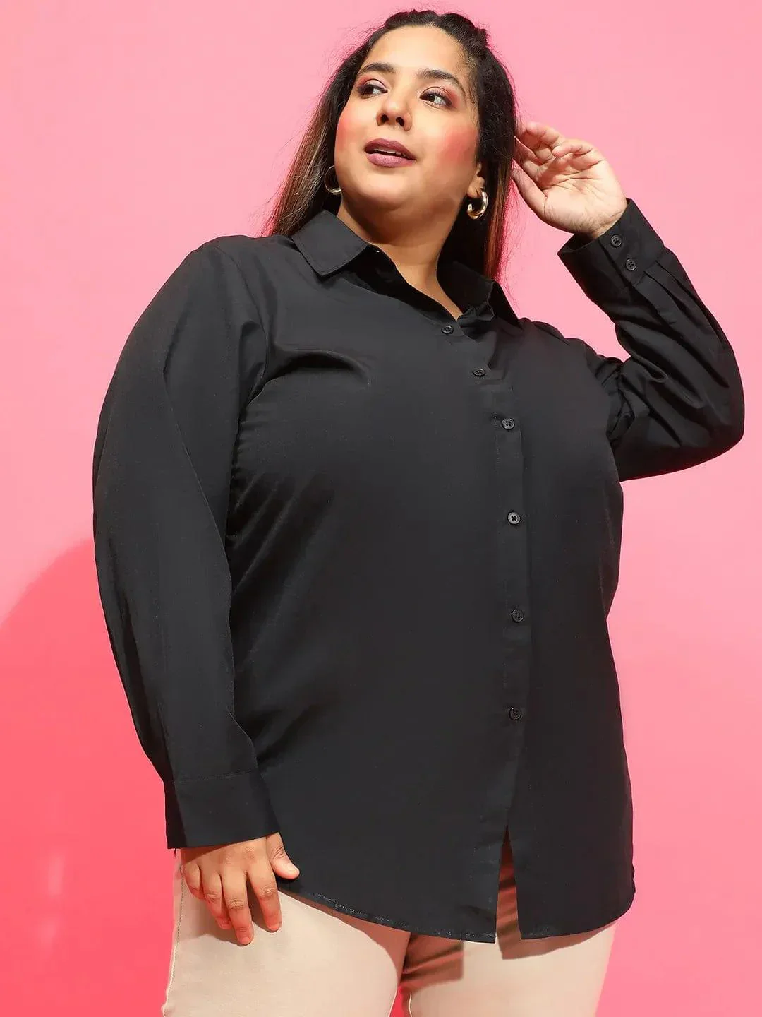 Mad Black Long Sleeve Collared Plus Size Women Cotton Shirt - Image 4