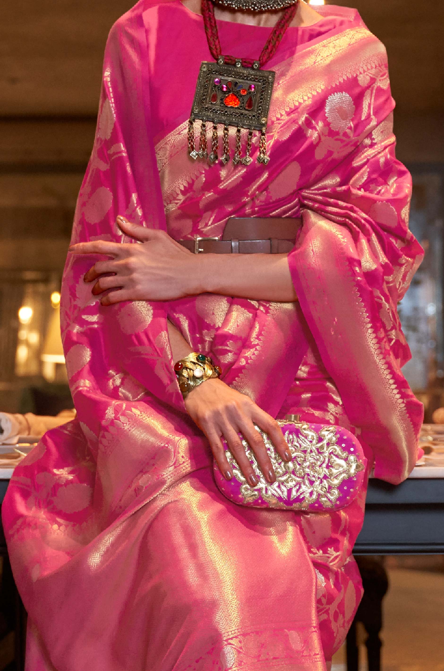Magenta Pink Woven Banarasi Silk Saree - Image 3