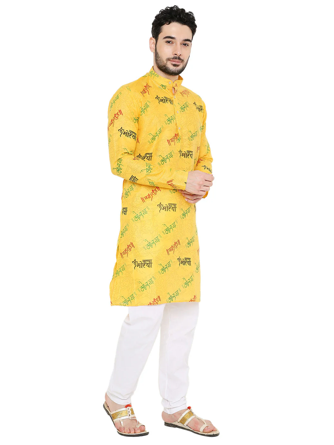 Magic Cotton Ganpati Bappa Morya Print Kurta in Yellow - Image 3