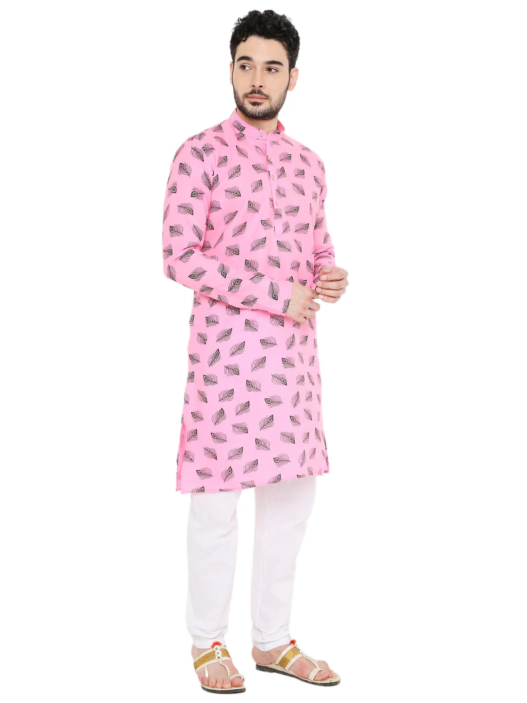 Magic Cotton Janmashtami Print Kurta in Pink - Image 3