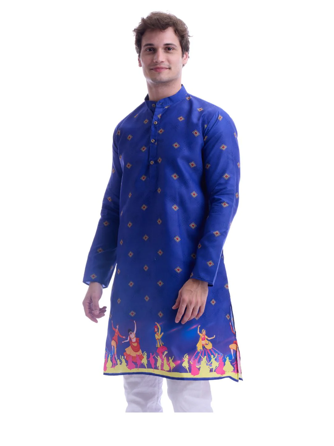 Magic Cotton Navratri Print Kurta Pyjama Set in Blue - Image 3