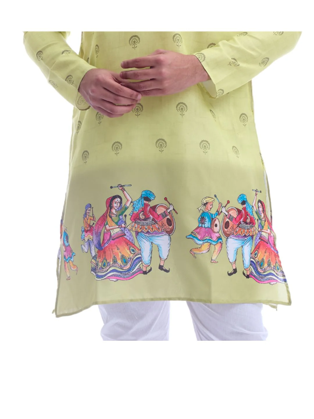 Magic Cotton Navratri Print Kurta Pyjama Set in Green - Image 6
